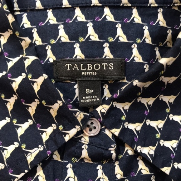 Talbots Dog & Ball Print 100% Cotton Navy Blue Long Sleeve Button Shirt size 8P - Picture 13 of 13